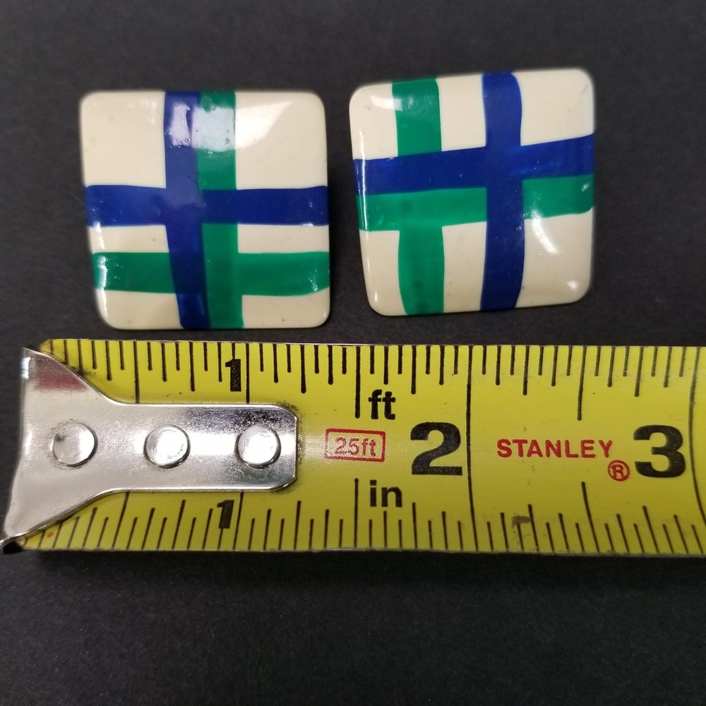 Vintage 80s Geometric Square Stud Earrings Blue Green Cream Enamel Like Style - Picture 3 of 4